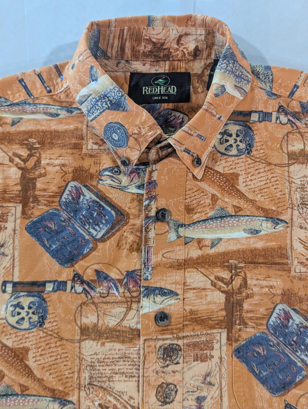 RedHead Shirt Mens XL Brown Fish Print Short Sleeve Button Up Fishing Casual